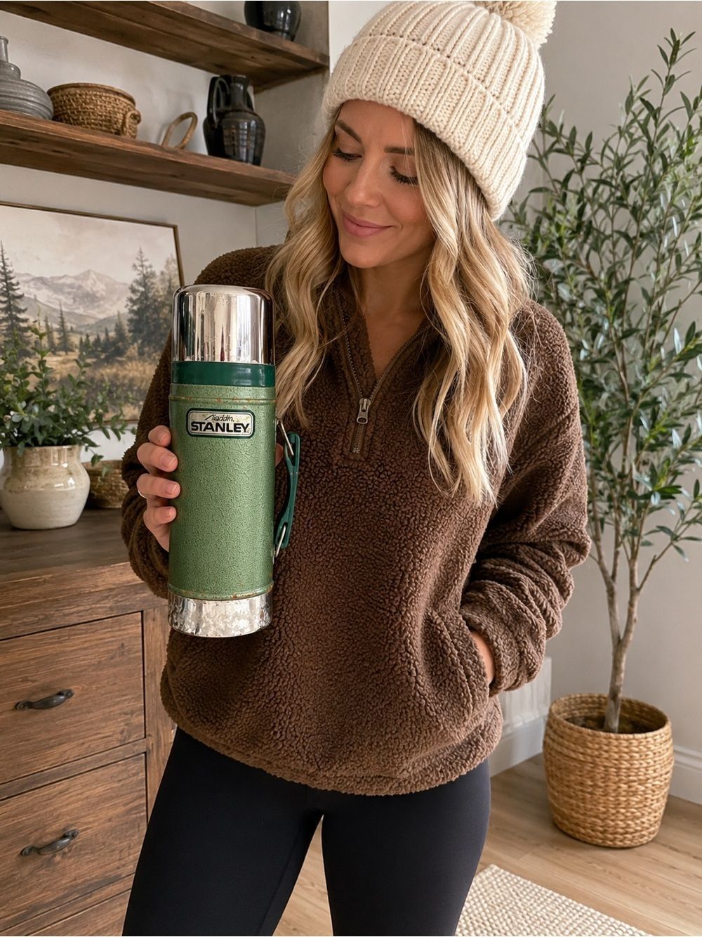 Vintage Aladdin Stanley Green Hammertone Vacuum Thermos Flask 1 Qt USA Camping
